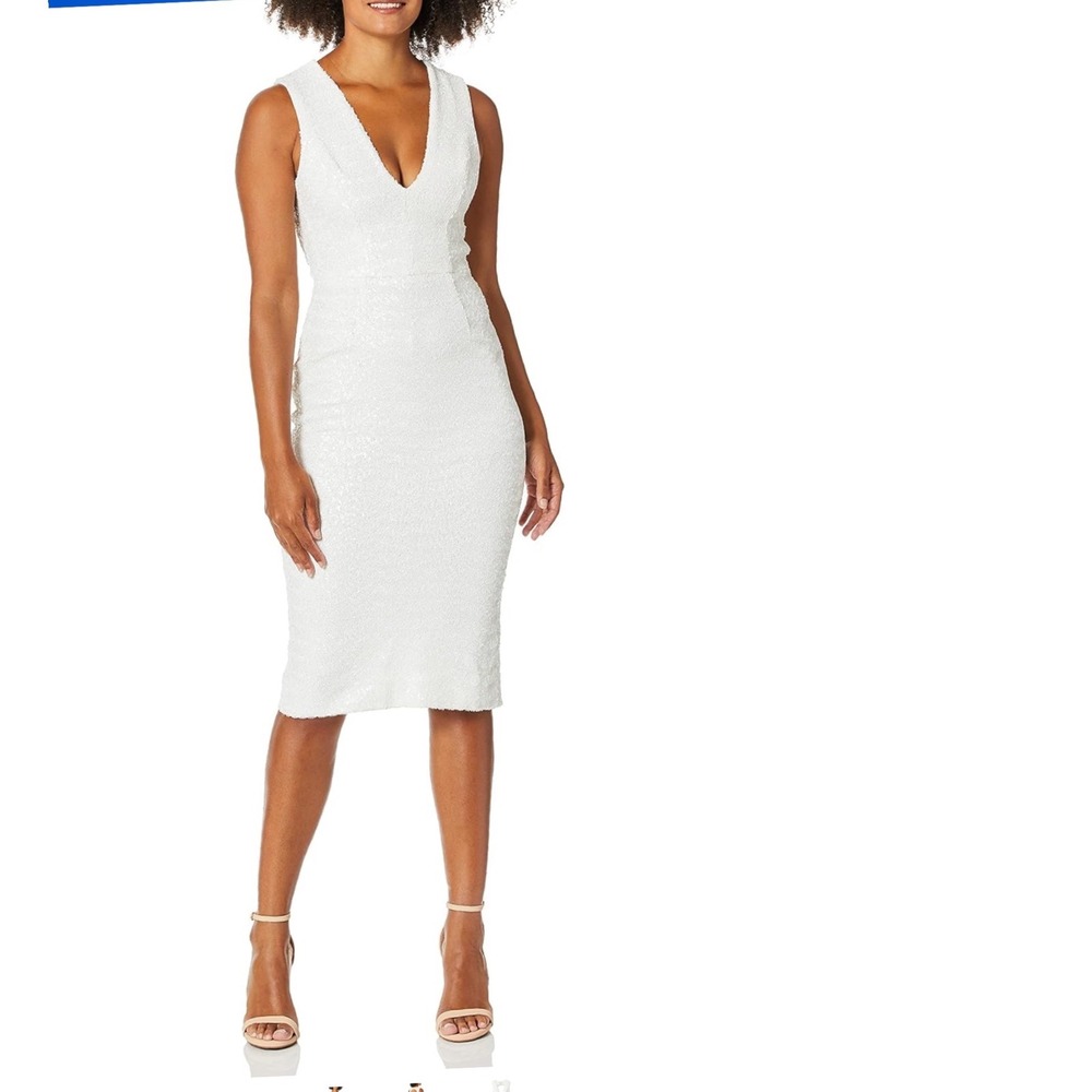 Dress the Population Rani White Sequin Plunging V-Neck Open Back Midi Dress 1533